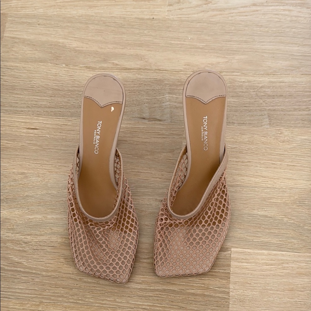 New Tony Bianco Tan Mesh Bis Mules Skin Web